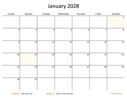 January 2028 Calendar with Bigger boxes
