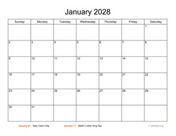Basic Calendar for January 2028