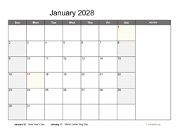 January 2028 Calendar with Notes