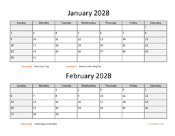 january and february 2028 calendar