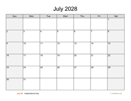 July 2028 Calendar with Weekend Shaded