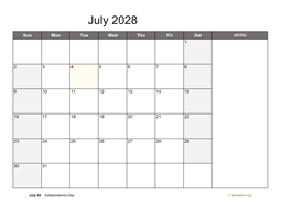 July 2028 Calendar with Notes