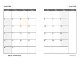 July 2028 Calendar on two pages
