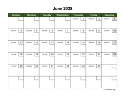June 2028 Calendar with Day Numbers