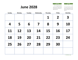 June 2028 Calendar with Extra-large Dates