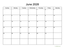 Basic Calendar for June 2028