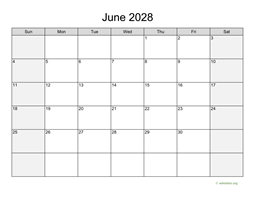 June 2028 Calendar with Weekend Shaded