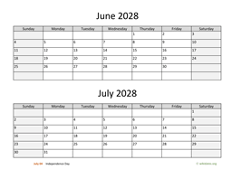 June and July 2028 Calendar