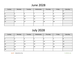 june and july 2028 calendar