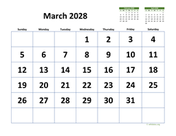 March 2028 Calendar with Extra-large Dates