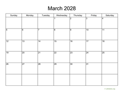 Basic Calendar for March 2028