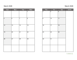 March 2028 Calendar on two pages