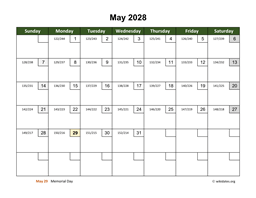May 2028 Calendar with Day Numbers