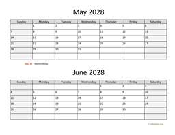 may and june 2028 calendar