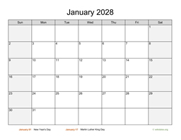 Monthly 2028 Calendar with Weekend Shaded