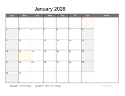 Monthly 2028 Calendar with Notes