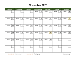 November 2028 Calendar with Day Numbers