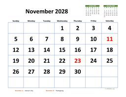 November 2028 Calendar with Extra-large Dates