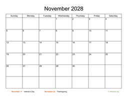 Basic Calendar for November 2028