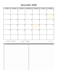 November 2028 Calendar with To-Do List