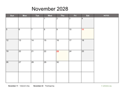 November 2028 Calendar with Notes