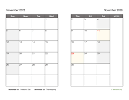 November 2028 Calendar on two pages