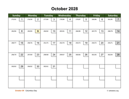October 2028 Calendar with Day Numbers