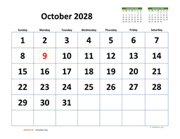 October 2028 Calendar with Extra-large Dates