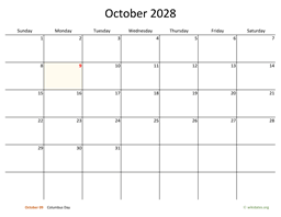 October 2028 Calendar with Bigger boxes