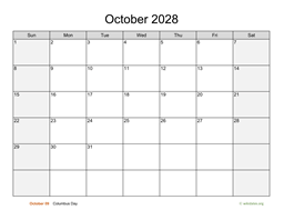 October 2028 Calendar with Weekend Shaded