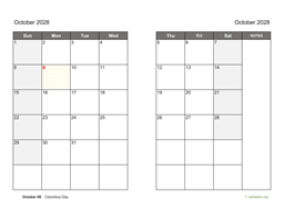 October 2028 Calendar on two pages