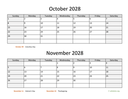 october and november 2028 calendar