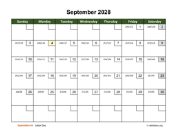 September 2028 Calendar with Day Numbers