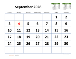 September 2028 Calendar with Extra-large Dates