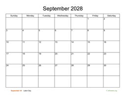 Basic Calendar for September 2028