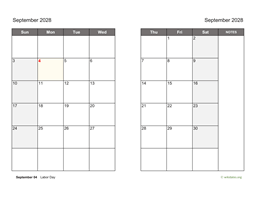 September 2028 Calendar on two pages