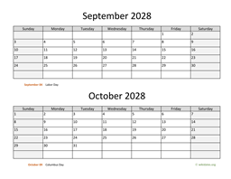 September and October 2028 Calendar