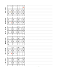 six months 2028 calendar vertical with notes