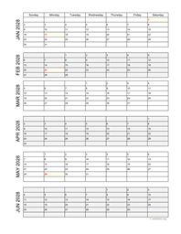 six months 2028 calendar vertical