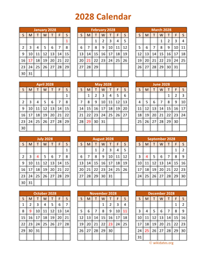 Full Year 2028 Calendar on one page