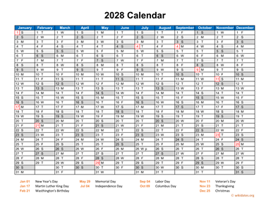 2028 Calendar Horizontal, One Page