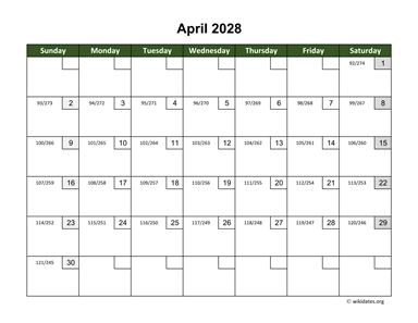 April 2028 Calendar with Day Numbers