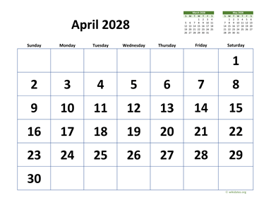 April 2028 Calendar with Extra-large Dates