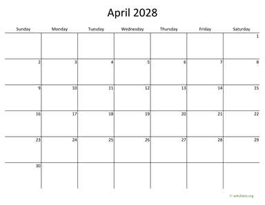April 2028 Calendar with Bigger boxes