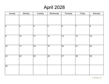 Basic Calendar for April 2028