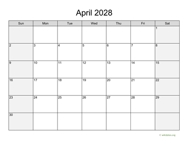 April 2028 Calendar with Weekend Shaded