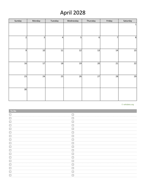 April 2028 Calendar with To-Do List