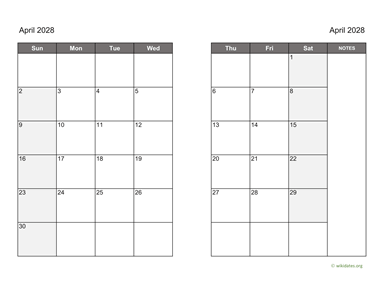 April 2028 Calendar on two pages