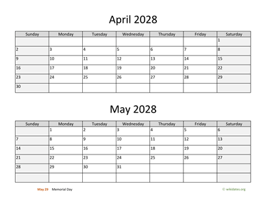 April and May 2028 Calendar Horizontal