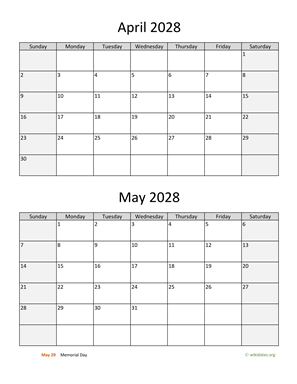 April and May 2028 Calendar Vertical